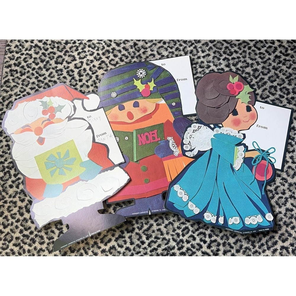 Huge! 3 VTG Gag Tags 18" 1960's Papercraft Santa Angel Christmas Caroler Read